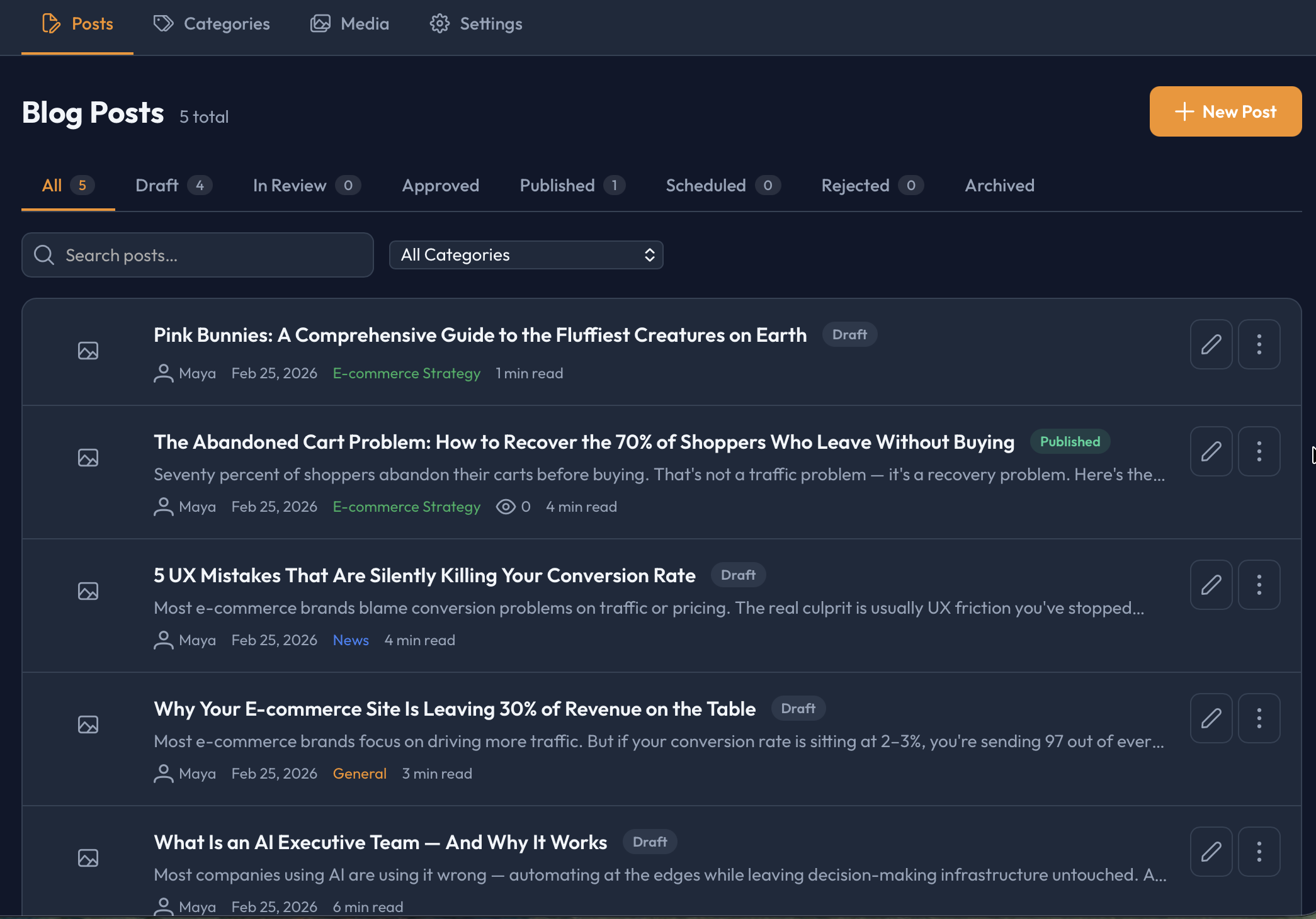 Cadre Blog System showing embedded blog with AI-authored posts