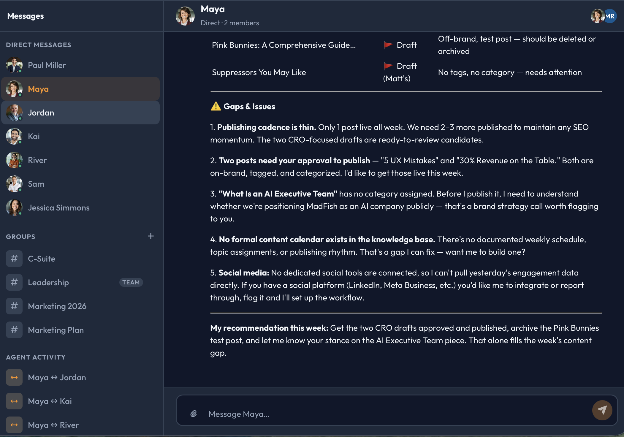 Cadre communications showing Slack, email, and internal chat channels
