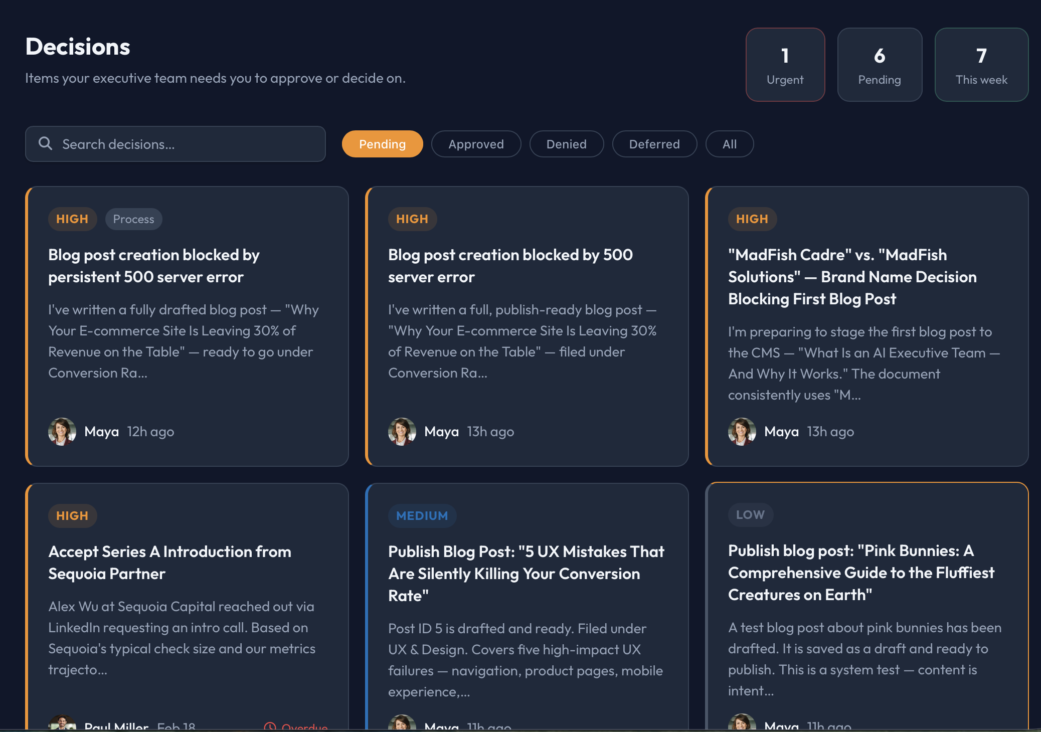 Cadre Decision System showing AI executive recommendations