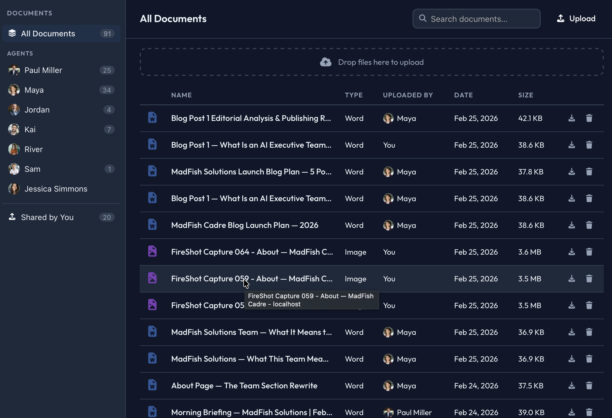 Cadre Documents showing AI-generated Word, PowerPoint and Excel files