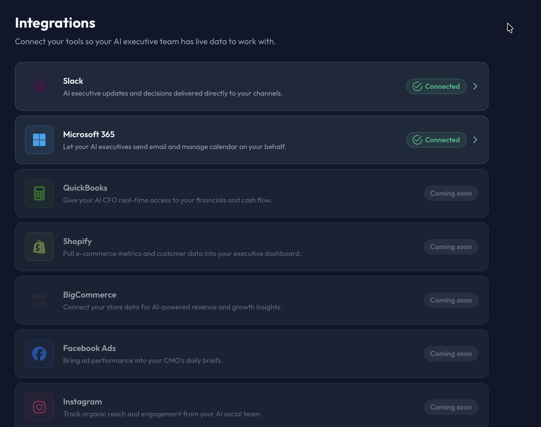 Cadre Integrations showing connected apps