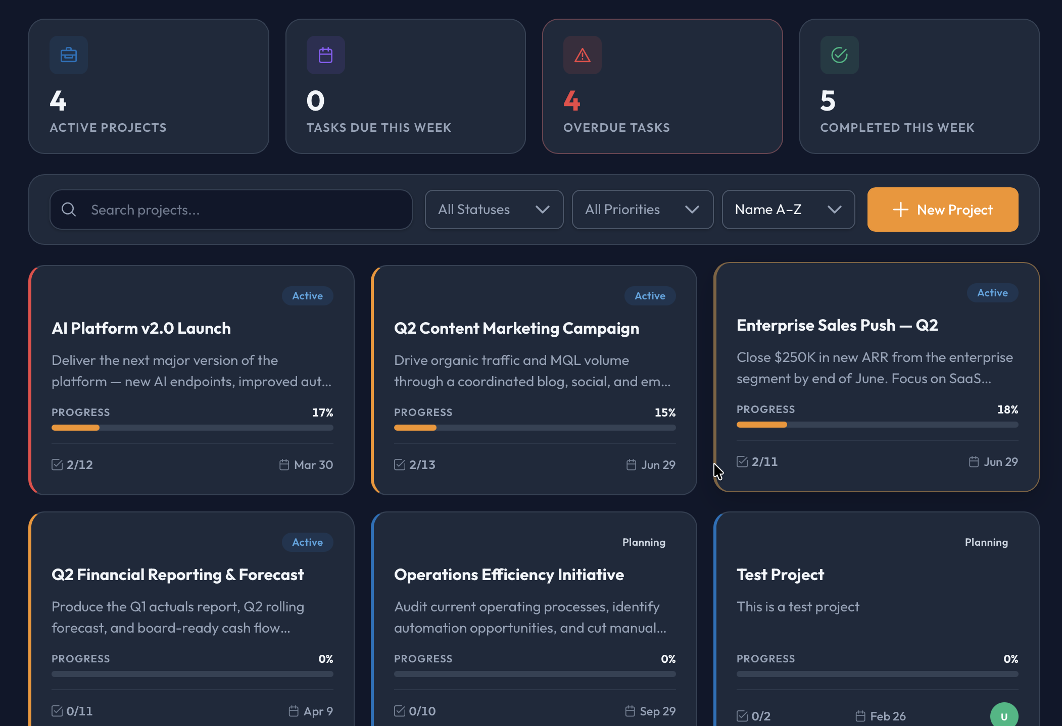 Cadre Project Command showing kanban board with tasks