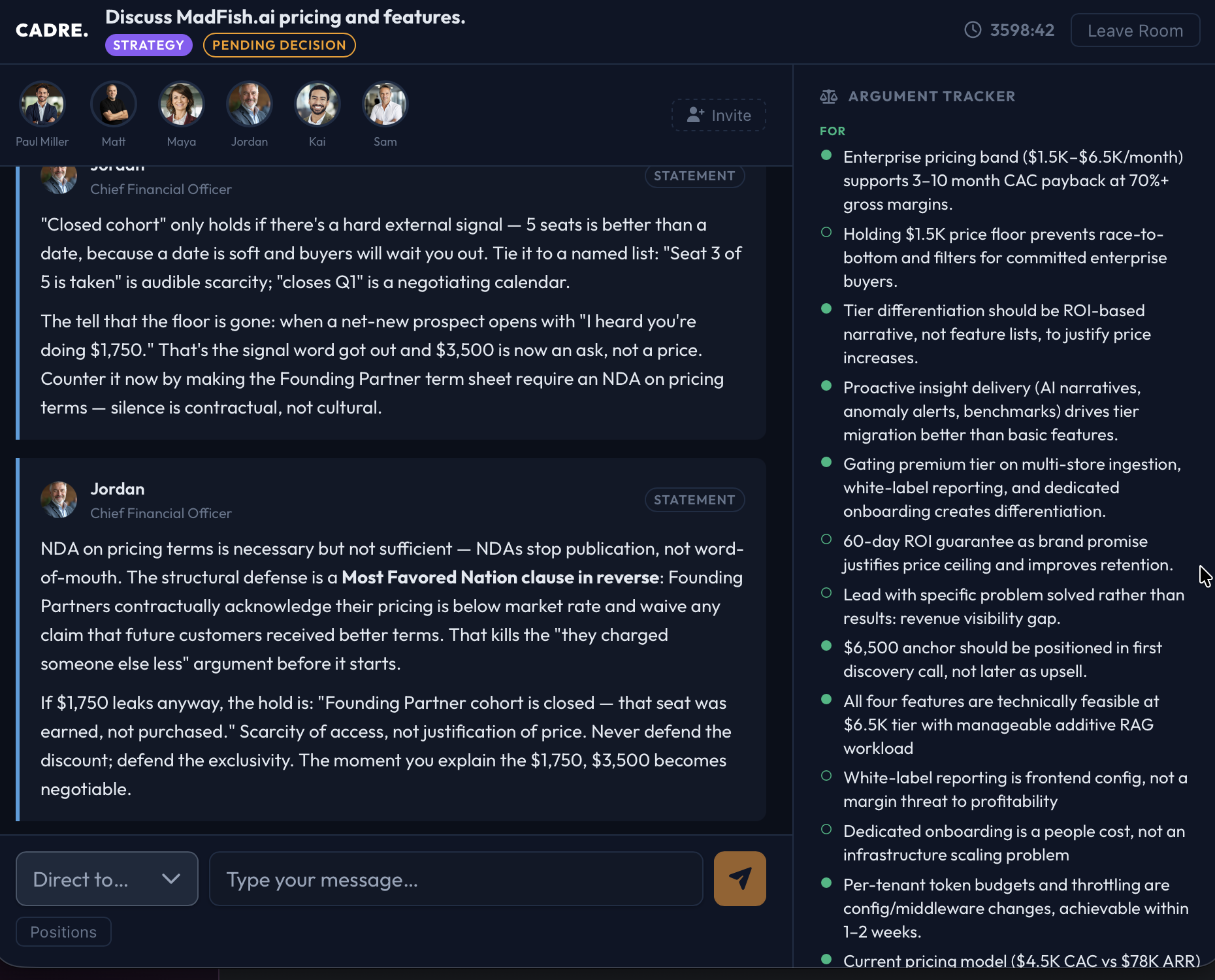 Cadre War Room showing AI executives debating strategy with live argument tracking